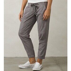 PrAna Steph Jogger Pants Grey Gravel Stripe Linen Cotton Boho Athleisure Size 12